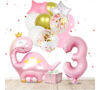 Pink Dinosaur 3rd Birthday Party Decorations for Girls, 12 Pcs Dinosaur Birthday Balloons, Dino Balloon and 40 Inch Number 3 for Dino Party Supplies (Pink Three)