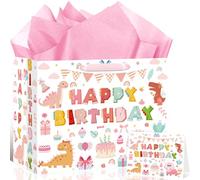 Pink Dinosaur Birthday Gift Bag Large Dinosaur Happy Birthday Gift Wrapping Bag with Handles Greeting Card Tissue Paper Dino Party Decorations for Girls Kids Baby Shower Newborn Dino Party Supplies