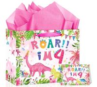 Pink Dinosaur Gift Bag for Girls 11.8'' ROAR I'm 4 Dino Happy 4th Birthday Wrapping Bags with Tissue Paper Card Decorations for Kid Girl 4 Year Old Birthday Gift Wrap Presents Bag Baby Shower Supplies