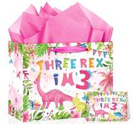 Pink Dinosaur Gift Bag for Girls 11.8" Three Rex I'm 3 Dino Happy Birthday Wrapping Bags with Tissue Paper Card Decorations for Kid 3 Year Old Birthday Gift Wrap Presents Bag Baby Shower Supplies