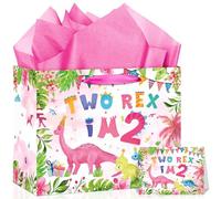 Pink Dinosaur Gift Bag for Girls 11.8'' Two Rex I'M 2 Dino Happy 2nd Birthday Wrapping Bags with Tissue Paper Card Decorations for Girl 2 Year Old Birthday Gift Wrap Presents Bag Baby Shower Supplies
