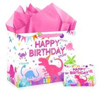 Pink Dinosaur Gift Bag for Girls 11.8'' Watercolor Dinosaur Happy Birthday Wrapping Bags with Tissue Paper Card Decorations for Kid Adult Dino Theme Birthday Gift Wrap Present Bag Baby Shower Supplies