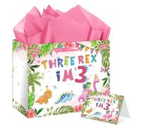 Pink Dinosaur Gift Bag, Watercolor Three Rex Dinosaur Gift Bag, Large 3rd Dino Birthday Party Decorations, with Card and Tissue Paper, for Girls, Boys, Kids Celebrations Party Favors Supplies