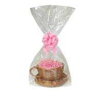 PINK DIY Afternoon Tea Gift Basket Hamper Kit - Wicker Tea Cup and Saucer Basket, Pink Paper Shred, Pink Bow, Cellophane Bag & Pink Gift Tag (20cm x 10cm)
