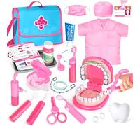 Pink Doctor Kit for Toddlers 3-5 with Costume - Dentist Kit for Kids with Teeth Model /Removable Teeth /Braces /Retainer - Toys for 4 Year Old Girls - Preschool Dramatic Play (Pink)