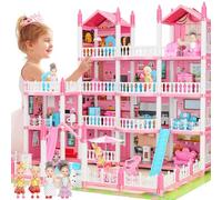 Pink Dolls House for Girls, Playhouse 4-Story 15 Rooms with 4 Dolls & Furniture Accessories & Flashing Lights, Princess Doll House Toy Toddler Birthday Gift for 3 4 5 6 7 8 Year Old