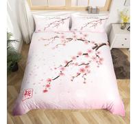 Pink Double Duvet Cover Japanese Cherry Blossoms Bedding Sets Soft Breathable Microfiber 3D Quilt Cover 200x200 cm with Zipper Closure and 2 Pillowcases b-3517