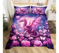 Pink Dragon Duvet Cover Double Size,Glitter Starry Sky Fantasy Rose Flower Comforter Cover for Adults Kids Bedroom Decor,Galaxy Butterfly Wild Animal Bedding Set 2 Pillowcases,No Comforter