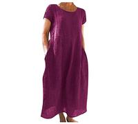 Pink Dresses For Women Uk Wrap Dresses For Women Uk 90S Fancy Dress Crew Neck Solid Color Linen Dresses With Pockets Cotton Linen Blend Maxi Dresses Loose Summer Dresses Work Dress (Dark Purple, 5Xl)
