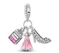 Pink Dresss, Perfume, Heel Shoe Charm 925 Silver Compatible with Pandora Charms, Trollbeads, Chamilia, Biagi and Many Other UK Charm Bracelets.