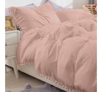 Pink Duvet Cover Set Double Boho Bedding Pom Poms Fringed Design Soft Microfibre Shabby Chic Bedding Sets with 2 Pillowcases (Pink,Double)