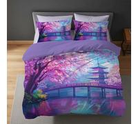 Pink Duvet Cover - Size（ King 220 x 230） Soft Lightweight Microfiber - Machine Washable - Antiallergic Non Iron - Animation Temple Bridge Cherry Blossom Bedding - Duvet Cover Sets