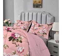 Pink Duvet Super King Size, Coverless Duvet 7.5 Tog with Purple Flowers Pattern, Soft Lightweight Comforter Set for Autumn Summer, 1 Superking Quilt 260x220cm with 2 Pillowcases, Machine Washable