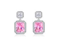 Pink Earrings for Women, Double Halo Square Cubic Zirconia Drop Earrings, Hypoallergenic Pink Crystal Fake Diamond Earrings, Pink & Silver Jewelry for Wedding Party Gifts