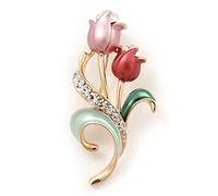 Pink Enamel Diamante 'Tulip' Brooch In Gold Finish - 5cm Length