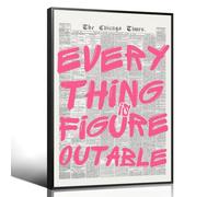 Pink Everything Is Figureoutable Quote Poster, Vintage Black White Newspaper Canvas Wall Art, Trendy Positive Affirmations Picture Print, Inspirational Office Dorm Wall Decor 12x16in Unframed