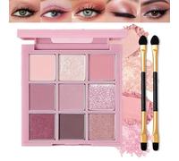 Pink Eyeshadow Palette with 9 Highly Pigmented Matte Shimmer Glitter Finishes - Dual Ended Brushes for Versatile Natural Eye Makeup Looks Daily Party Travel & Compact Design