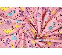 Pink Fabric Poly Cotton Fabric with Multi Coloured Dinosaurs Material by The Metre Quilting & Sewing Fabric Material for Patchwork, Crafts, Dressmaking & Fat Quarter Fabric Bundles for Kids Projects
