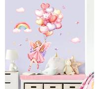 Pink Fairy Girl Wall Stickers Rainbow Ballon Cloud Wall Decals Pink Wall Decor for Girls Bedroom Kids Toddlers Nursery Room
