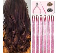 Pink Fairy Hair Tinsel Kit 48 Inches 1200 Strands with Tools and Instruction Easy to Install Glitter Tinsel Hair Extensions for Women and Girls，Shinny Sparkling Braiding Hair Accessories for Halloween