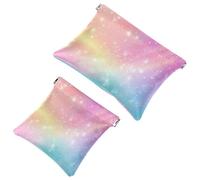 Pink Fantasy Sky with Glitter Stars Pattern Pocket Cosmetic Bag, Waterproof Squeeze Makeup Bag No Zipper Self-Closing, Portable Mini Travel Storage for Headphones Jewelry
