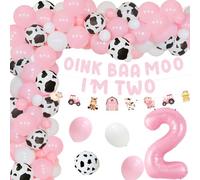 Pink Farm Animal 2nd Birthday Decorations Oink Baa Moo I Am Two Banner Birthday Decorations Animal Number 2 Balloon for Zoo Animal Cow Barnyard Farm Animal Party