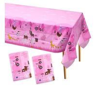 Pink Farm Theme Disposable Tablecloth - 2PCS 130cm x 220cm Plastic Table Cover with Barn, Tractor & Animal Prints | Farm Birthday Party Supplies for Girls, Baby Shower, Pinks Farmhouse Decor (Pink)