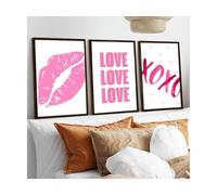 Pink Fashion Prints, Set of 3 Pink Wall Art Prints, Coquette Room Decor Aesthetic, Preppy Girls Bedroom Women Home Decor, Framed Art, Glamour Lipstick Makeup Poster (Set of 3 - A4 Print (Unframed))