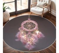 Pink Feather Dream Catcher Round Rugs 100cm, Non Slip Area Rugs for Bedroom & Living Room - Soft Machine Washable Grey Circle Carpet, Non Shedding Floor Mats for Home Room Decorative