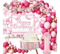 Pink First Birthday Decoration for Girl - Balloons, Wood One Cake Topper, Highchair Tassel Banner & Photo Props For 1st Birthday Anniversary (Pink First Birthday Decoration for Girl)