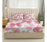 Pink Fitted Sheet Bedding Set, Modern Minimalist Bow Print for Serene Bedroom, Breathable Microfibre, Cooling for Hot Sleepers, Double (53" x 75"), 30cm Deep Fit + 2 Pillowcases