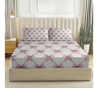Pink Fitted Sheet Bedding Set, Modern Pastoral Butterfly Plaid Durable Microfibre for Busy Households, Quick Dry & Cosy, Queen (59" x 79"), 30cm Deep Fit + 2 Pillowcases