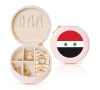 Pink Flag of the Syrian Arab Republic Print Round Jewelry Box for Women, Travel Jewelry Case with Removable Dividers, for Birthday Gift