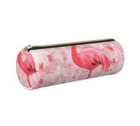 Pink Flamingo and Snowflake Printed Cylindrical Leather Pencil Case for Girls Boys, Gold Zipper Pencil Bag Pen Pouch Organizer for Student School Office College