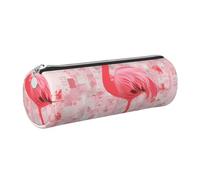 Pink Flamingo and Snowflake Printed Cylindrical Leather Pencil Case for Girls Boys, Silver Zipper Pencil Bag Pen Pouch Organizer for Student School Office College