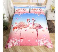 Pink Flamingo Bedding Set for Girls Flamingo Duvet Cover Single, Pink Cherry Blossom Comforter Cover for Women Romantic Theme Bedding 2Pcs, Cute Animal Flamingo Decor Bedspread Cover Soft