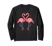 Pink Flamingo Bird Couple Love Heart Watercolor Artwork Long Sleeve T-Shirt