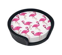 Pink Flamingo Coasters Set Of 6, Round Leather Drink Coaster With Holder For Various Cups, Tables, Home Decoration, 3.9 Inches