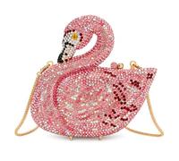 Pink Flamingo Crystal Rhinestone Evening Clutch Bag | Gold Chain Strap, Novelty Shape