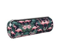 Pink Flamingo Cute Leather Pencil Case Eco-Friendly Cross Grain Leather,Smooth Zipper,Large Capacity Cylinder Pouch Holder