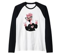 Pink Flamingo Girl Double Peace Sign Bow Pop Graphic Playful Raglan Baseball Tee