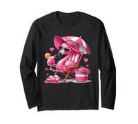 Pink Flamingo in Chair with Drink, Flowers, and Hearts Art Long Sleeve T-Shirt