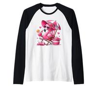 Pink Flamingo in Chair with Drink, Flowers, and Hearts Art Raglan Baseball Tee