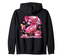 Pink Flamingo in Chair with Drink, Flowers, and Hearts Art Zip Hoodie