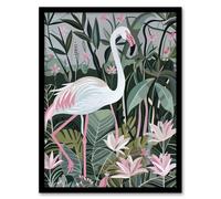 Pink Flamingo Lilies Leaves Artwork Tropical Framed Art Print Artery8 Green W12 inch x H16 inch