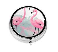 Pink Flamingo Metal Iron Electroplating, Round Pill Box, 2.0x2.0x0.7 inches, with 3 Plastic compartments