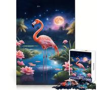 Pink Flamingo Night Jigsaw Puzzles 1000 Piece for Teenagers Enhance Recall Relax Time Exact Edge Creative Gift (38x52cm)