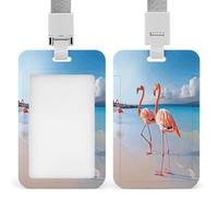 Pink Flamingo on Beach Badge Holder Waterproof Plastic ID Card Badge Holders with Lanyard Vertical Card Case Protector Pouch Clear Window Work Badges for Women Men