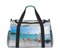 Pink Flamingo On Beach Full Print Travel Duffle Bag with Adjustable Shoulder Strap,Large Capacity Twill Polyester Crossbody Bag for Gym,Weekend Trips Outdoor Activities