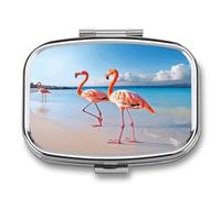 Pink Flamingo on Beach Pill Case Travel Portable Pocket Pill Box 2 Compartment Medicine Case Large Capacity Daily Pill Cases Vitamin Organizer Medicine Organizer Small Pill Box